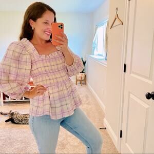 GANNI Purple Cream Seersucker Gingham Smocked Top Blouse 42 XL